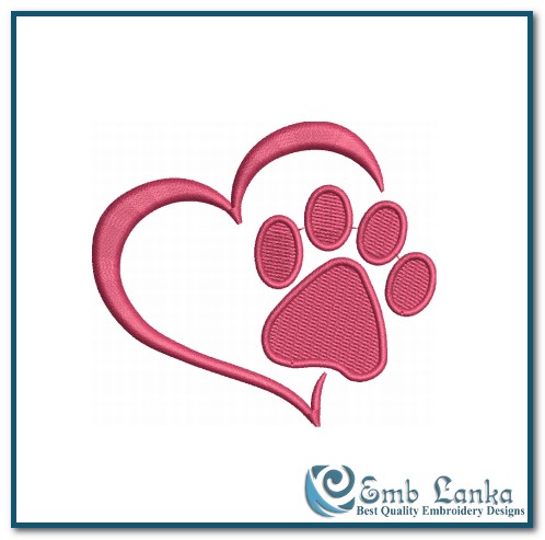 Dog Paw print Machine Embroidery design Love dog Heart 
