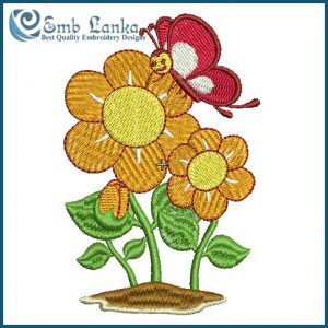 Cartoon of a Happy Butterfly Mascot and Orange Flowers Embroidery Design Animals
