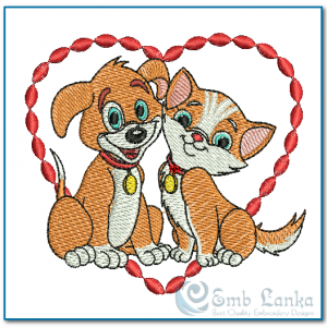 Happy Orange Puppy And Kitten Over A Red Heart Embroidery Design