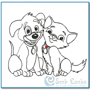 Happy Orange Puppy And Kitten Run Stitch Embroidery Design Animals