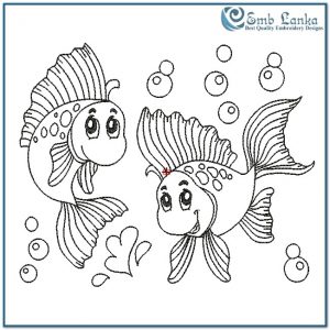 Two Outlined Happy Fish Playing Underwater Embroidery Design Animals