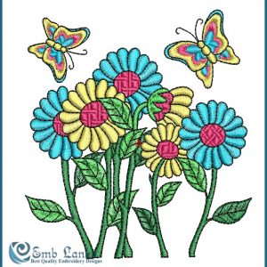 Daisy Flower Embroidery Design Butterflies