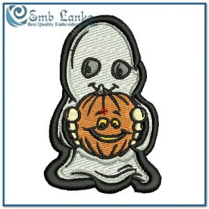 Halloween Kid In A Ghost Costume Holding Out A Pumpkin Embroidery Design Cartoon