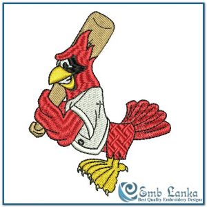 Red Cardinal Character School Mascot Batting Embroidery Design