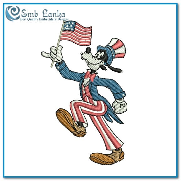Classic Goofy Holding American Flag Embroidery Design - Emblanka