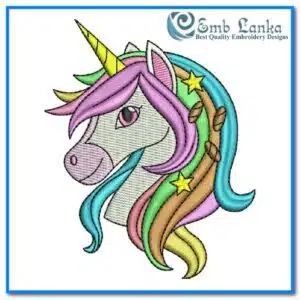 Adorable unicorn head embroidery design featuring a whimsical, smiling unicorn with a colorful mane. Perfect for adding a touch of magic to clothing, accessories, and crafts