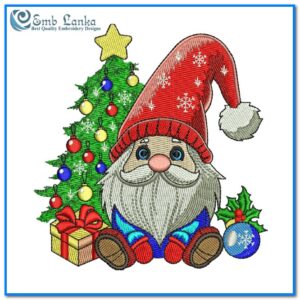 Digital download of a Christmas Santa Gnome embroidery design, featuring a festive gnome in holiday attire, perfect for embellishing seasonal decorations and clothing.