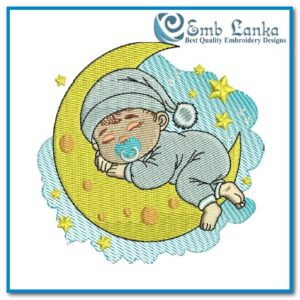 Digital embroidery design of a cute cartoon baby sleeping on a crescent moon, ideal for baby-themed decor and personalized fabric creations.