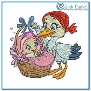 Embroidery design of a stork gracefully carrying a bundled baby girl, symbolizing new birth and delivery.
