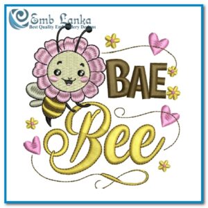 Digital embroidery design featuring a cute and playful bee with the text 'Bae Bee,' perfect for embellishing clothing, accessories, and gift items.
