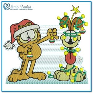 Embroidered Christmas scene of Garfield and Odie with ornaments and lights