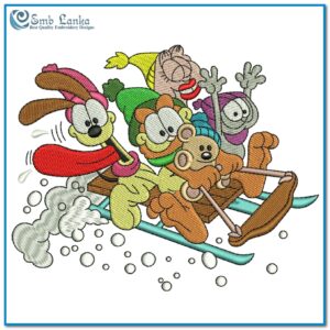 Embroidery design of Garfield, Odie, and friends skiing together in the snow, featuring colorful threads and outlines.