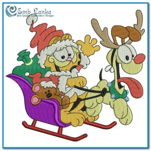 Garfield and Odie Christmas sleigh embroidery design