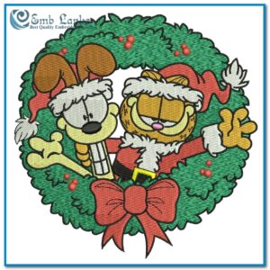 Embroidered Christmas wreath with Garfield and Odie in Santa outfits