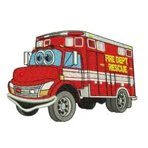 Fire rescue truck cartoon embroidery design for kids and firefighter projects