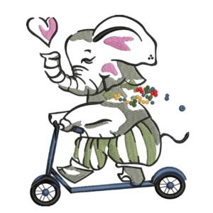 Cartoon Elephant Riding a Scooter Embroidery Design
