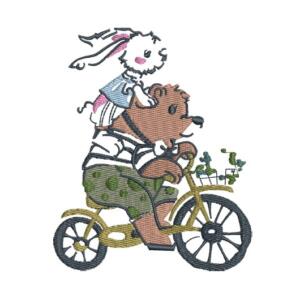 Teddy Bear Riding a Bicycle with a Rabbit Embroidery Design